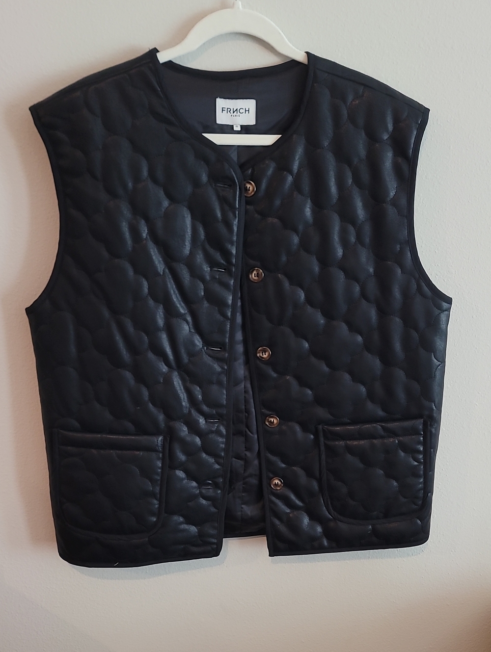 FRNCH Black Quilted Sleeveless Vest with Patch Pockets and Button Front